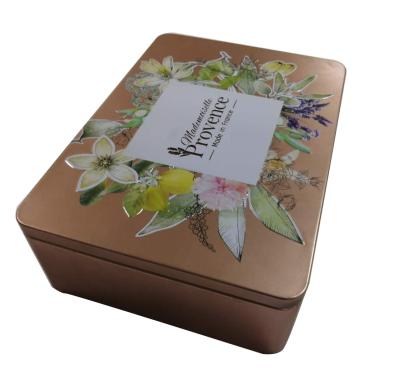 China Recycled Materials Matt Gold CMYK Printing Logo Embossed Rectangular Food Gift Chocolate Tin Box Box for sale