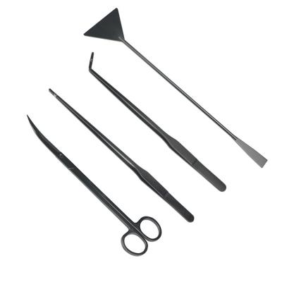 China 4PCS Black Viable Stainless Steel Aquascaping Tools Aquarium Tweezers Scissors and Spatula for sale