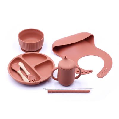 China Viable Baby Feeding Set Suction Plates Silicone Bibs With Food Catcher Cup Early Stage BPA Free Bowl Spoon And Fork For Toddler for sale