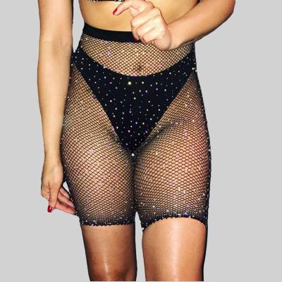 China QUICK DRY Sexy Women's Mesh Rhinestone Black Cycle Sports White Mesh Sparkle Stockings Lingerie Half Shorts Tights Biker Shorts for sale