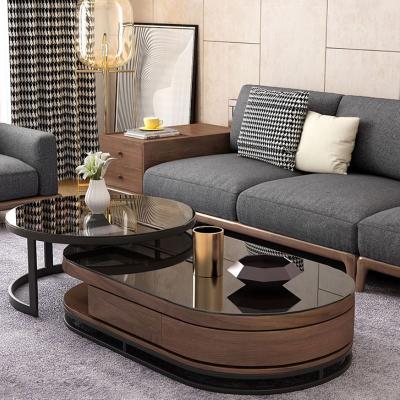 China (Other) Tea Table Living Room Furniture Walnut Iron Frame Small Tempered Glass Coffee Table Set Adjustable Light Luxury Small for sale