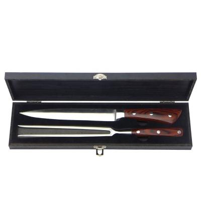 China Carving Knife and Fork 2 Piece Knife Set Case Stainless Steel PAKKA Wood Handle BBQ Cutlery Set for sale