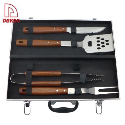 China Rose Wood Handle 4Pcs BBQ Grill Accessories Sand Polishing With Aluminum Case for sale