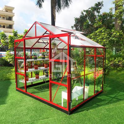 China Easily Assembled G-plus 8' x 6' Cheap Economical Glass Greenhouse For Sale Red for sale