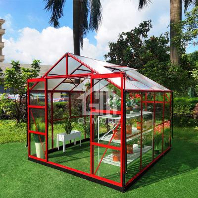 China Easily Assembled G-plus 8' x 8' Cheap Glass Greenhouse Red Color For Sale for sale