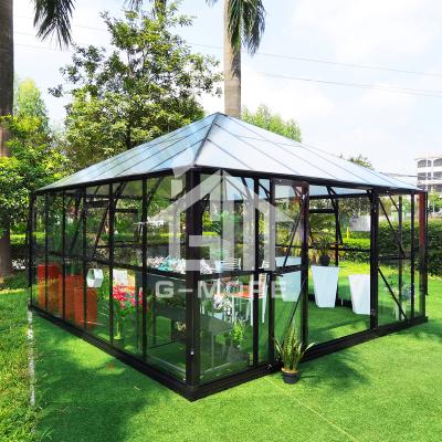 China Easily Assembled G-Plus Luxury 14' X 14' Glass Gazebo Greenhouse Pavilion For Sale for sale