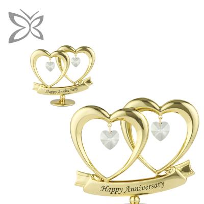 China Europe Crystocraft 24k Gold Plated Metal Double Hearts Figurine With Shiny Cut Crystals Personalized Happy Birthday Gifts for sale