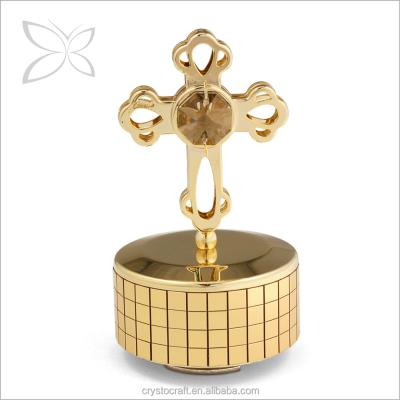 China Elegant Metal Crystocraft Gold Plated Music Box Decorated With Brilliant Cut Crystals Religious Cross Figurine for sale