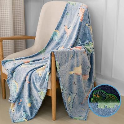 China PORTABLE glow in the dark throw blanket, soft cozy flannel fleece with dinosaur pattern, birthday gift for teens girl boy toddler for sale