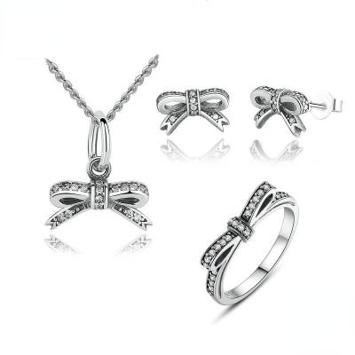 China TRENDY BORDER Hot Selling Vegan Bow S925 Necklace Ring Earring Jewelry Sterling Silver Set For Men And Women for sale