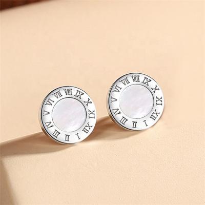 China S925 Sterling Silver Round Roman Geometric Rose Gold Agate Studs Fritillary FASHION Numeral Earrings for sale