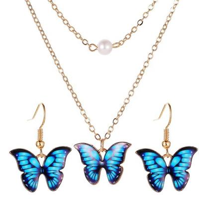 China NEW European and American elegant colorful butterfly double layer pearl necklace TRENDY pendant earring set for women for sale