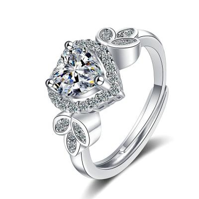 China Hot Sale Fashion Trendy Adjustable Platinum Plated Heart Shape Zircon Ring For Female for sale