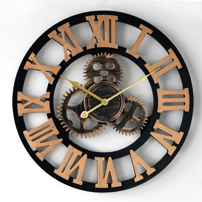 China Antique Style Gear Wooden Wall Clock Large Gear Vintage Wooden Creative Rustic Industrial Silent Gold Handmade Antique Retro 3d Wall Clock for sale