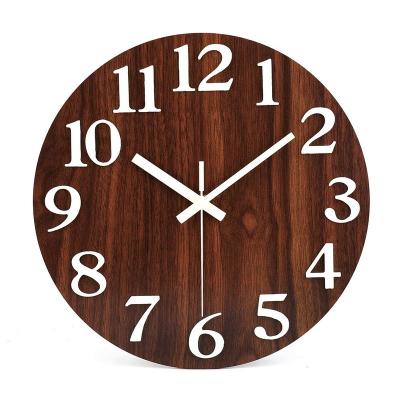 China Antique Style Night Light Function Wall Clock 12-Inch Glow in Dark Battery Operated Silent Wooden Clocks for sale