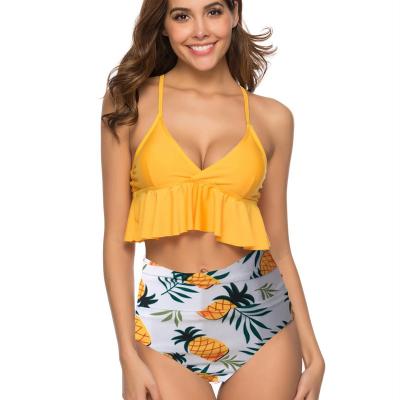 China Breathable Newcomers Hang One Neck Swimsuit Summer Printed High Waisted 2 Pieces Bikini Swimwear Set for sale