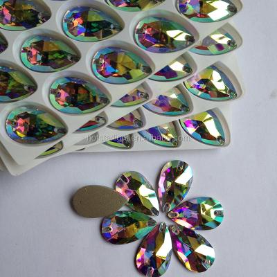 China Tear Drop Shape With Double Holes Glitter Quality 10x18mm Packing Crystal AB Small Box Sew On Glass Rhinestones Rhinestone Water Drop Stones DIY Flatback for sale