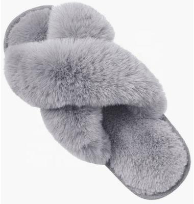 China Custom Made Lightweight Furry Open Toe Slide Slipper Cross Band Plush Soft Plush Slippers for Women for sale