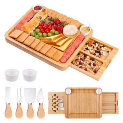 China Sustainable Charcuterie Bamboo Cheese Cutting Board Bamboo Meat And Cheese Board Set With Knife Set for sale