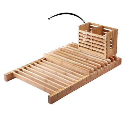 China Sustainable Bamboo Over Sink Kitchen Dish Drying Rack With Removable Utensils Rack for sale