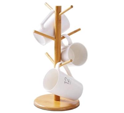 China Viable Bamboo Tree Cup Holder Cup Hook Kitchen Rack Coffee Cup Holder Bamboo Cup Dryer with 6 Hooks for sale