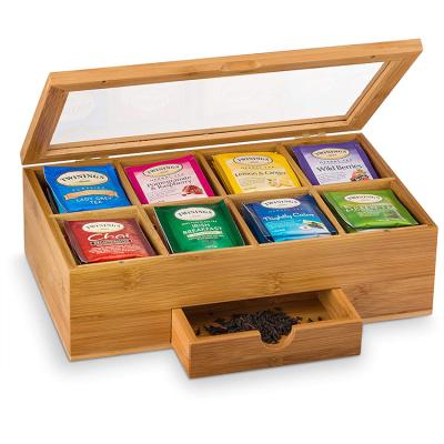 China Viable Bamboo Chest Organizer, 8 Compartment Tea Bag Holder Storage Tea Box Organizer with Small Drawer for sale