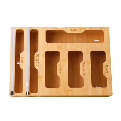 China Freshness Preservation 6 in 1 Wooden Drawer with Plastic Dispenser Holder Envelope Bamboo Foil Bag Ziplock Organizer for sale