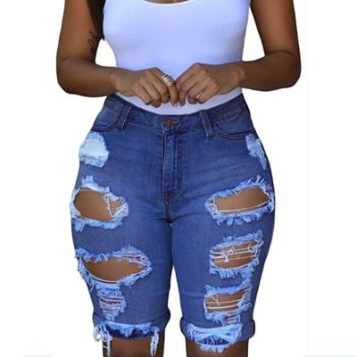 China Summer Streetwear Slim Breathable Knee Length Casual Ripped Straight Denim High Plus Size Women's Jeans Shorts for sale