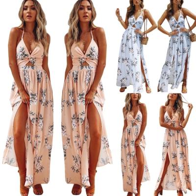 China Backless 2022 Summer High Slit Beach Bohemian Floral Print Breathable Maxi Casual Women Plus Size Backless Dress for sale