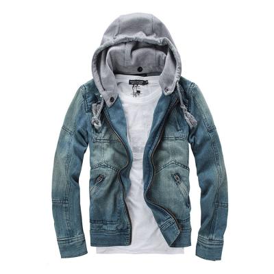 China Breathable Wholesale Suppliers Logo Oversized Hooded Crop Custom Vintage Distressed Color Block Denim Jacket Men's Team for sale