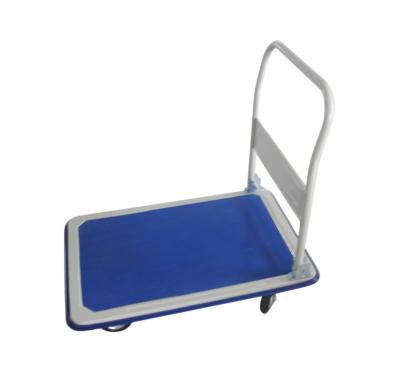 China Durable Heavy Duty 4 Wheels 300kg plastic blue Folding Handle Platform Cargo Hand Trolley for sale