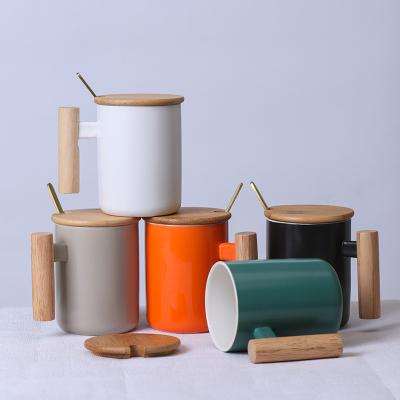 China Viable Wholesale Porcelain Style Hot Stoneware Mug Ceramic Coffee Mug With Wood Lid And Handle for sale