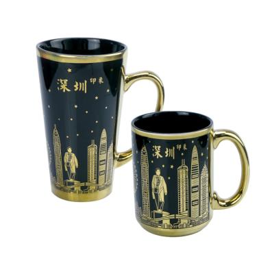 China Sustainable Hot Sale Gift Black Gold Plated Ceramic Effect Coffee Porcelain Mug for sale