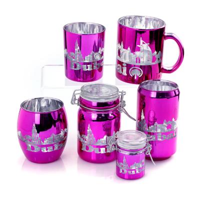 China Sustainable hot sale custom inside silver outside effect pink plated glass mugs with laser process for sale