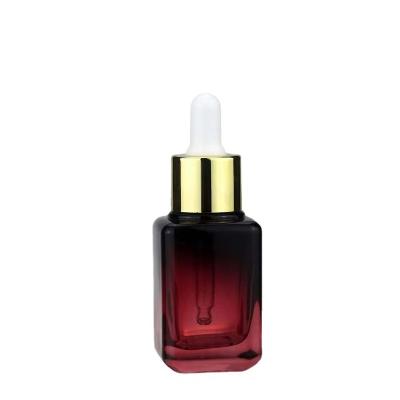 China Wholesale Color Cosmetic Luxury Red Wine Gradient Square 30ml 1oz Blue Clear Cosmetic Essential Oil Dropper Glass Bottle for sale