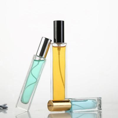 China Cosmetic square shape 5ml transparent 10ml 15ml 30ml 100ml 50ml glass perfume bottle with spray gold and sliver cap 10ml perfume bottle for sale