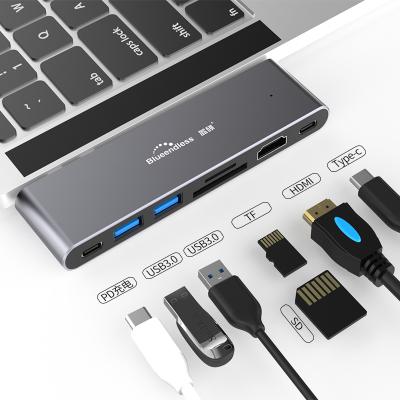 China Wholesale OEM USB Mini Magnetic Stripe Card Reader 7 In 1 Usb Hub 4K HDTV SD Tf Card Reader Ports Type 7 C Hub For Macbook Laptop for sale