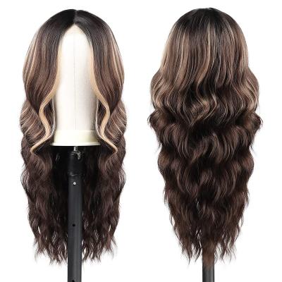 China Synthetic Wig 26Inch Long Brown Wave KUQI Lace Front Wigs Wholesale Natural Highlight Synthetic Wavy Mixed Blonde Wigs For Black Women for sale