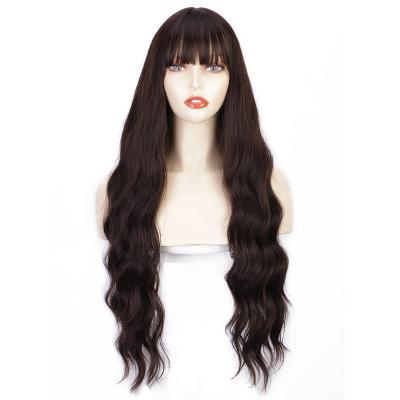 China Wholesale Natural Wave KUQI Long Wave Black Brown Wig With Bangs Synthetic Fiber Hair Wigs Wigs For Black Women for sale