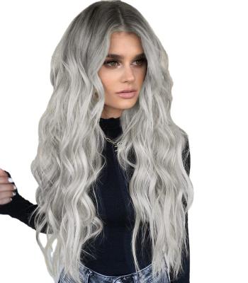 China Body Wave KUQI Factor Wholesale Price Free Sample Long Ombre Gray Hair Curly Wig Silver Wave Wigs Synthetic Wigs For Black Women for sale