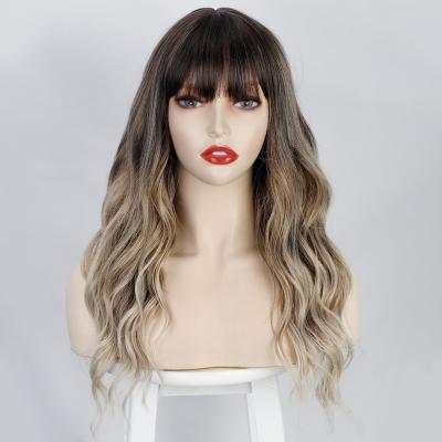 China Natural Wave Ombre Blonde Wig With Bangs With Black Roots Long Ombre Brown And Blonde Synthetic Wig Wigs For Black Women for sale