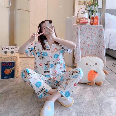 China High Quality Breathable Summer Sleeve Printed Short Pants Hotspot Ice Silk Pajamas Women for sale