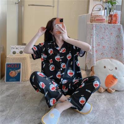 China High Quality Breathable Summer Sleeve Print Short Pants Hotspot Ice Silk Black Doraemon Pajamas Women for sale