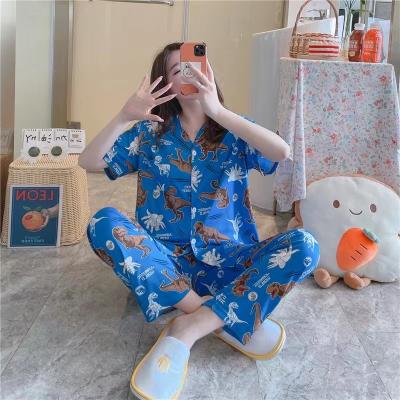 China Summer Breathable Wholesale Ice Silk Lapel Leisure Printed Breathable Sky Blue Dinosaur Pajamas Women for sale