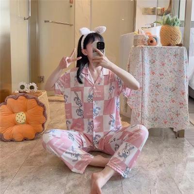 China Beautiful print summer cardigan lapel ice cream breathable warm silk soft short sleeve girls pajamas pants 2 sets for sale