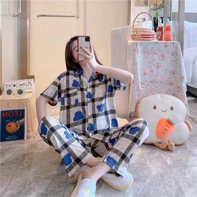 China 2 Sets Summer Hotspot Lapel Ice Silk Soft Short Sleeve Pants Lovely Breathable Printed Women Pajamas for sale