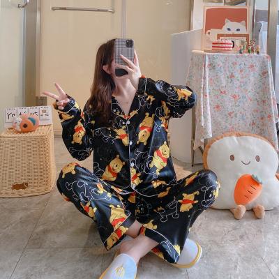 China Factory 2022 New Spring Summer Lapel Cartoon Printing Design Print Thin Sleeve Silk Warm Long Sleeve Quick Drying Women's Breathable Pajamas for sale