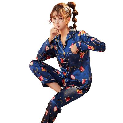 China Factory Outlet 2022 Spring V-Neck Ankle Pants Strawberry Printing Dark Blue Home Quick Dry Women's Long Pajamas/Drop Sleeve for sale