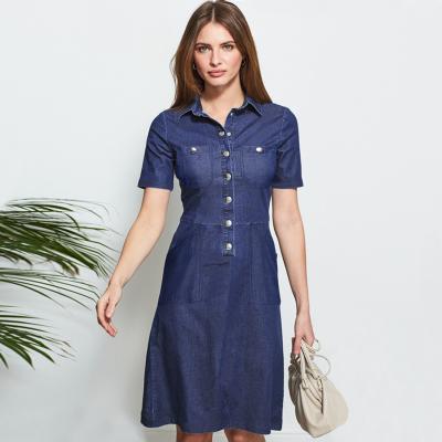 China Modest Anti-wrinkle Ready To Ship Best Selling Acid Washed Button Up Dresses Patchwork Navy Collared Denim Knee Length Dress for sale