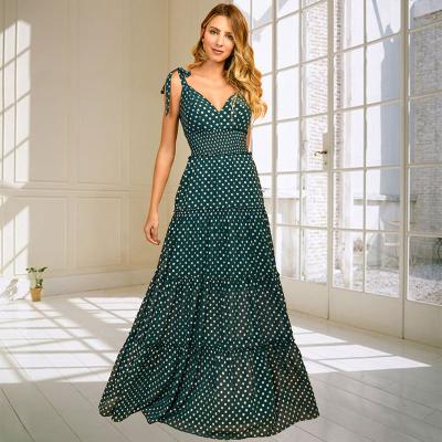 China Anti-Wrinkle Tie Shoulder Ready Made Elegant Women Dress Dotted Ladies Wear Fashion Quick Dry Chiffon Long Maxi Dress for sale